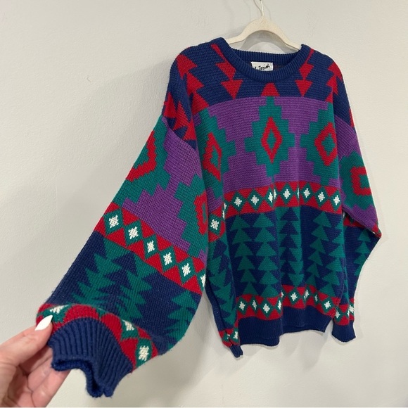 Vintage Interim Pattern Bright Multicolor Crewneck Sweater Women’s Size Large - Picture 5 of 6